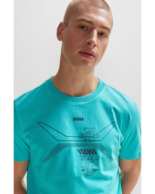 Boss Blue Cotton-jersey T-shirt With Crew Neck And Seasonal Artwork for men