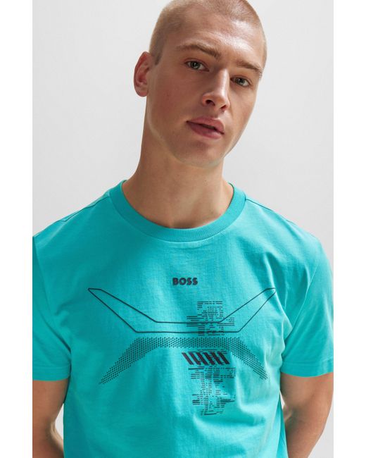 Boss T-shirt Van Katoenen Jersey Met Ronde Hals En Trendy Artwork in het Blue voor heren