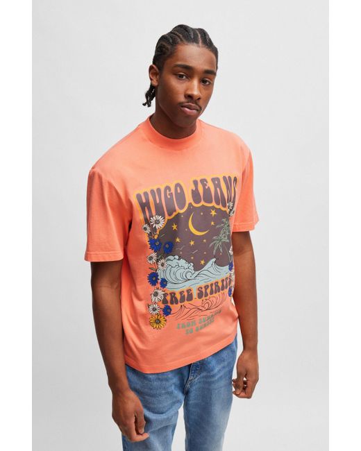 HUGO T-shirt Van Katoenen Jersey Met Retro-artwork in het Orange voor heren
