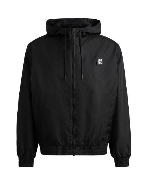 HUGO Black Water-repellent Hooded Jacket With Stacked-logo Trim for men