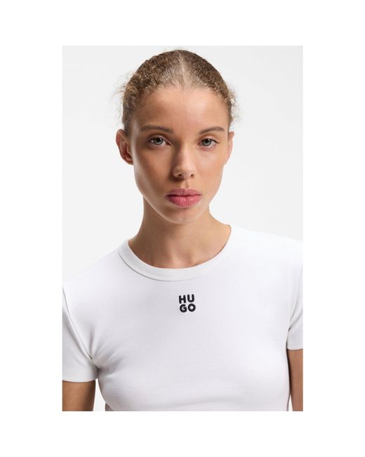 HUGO White Cotton-Blend Slim-Fit T-Shirt With Embroidered Logo