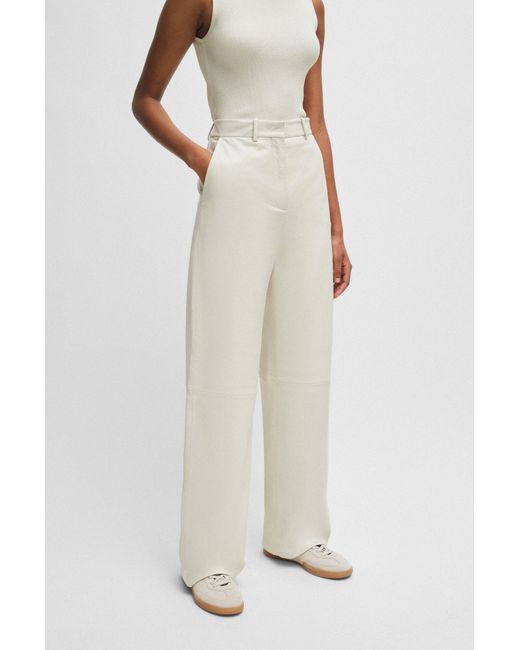 Boss White Regular-fit Leather Trousers With Wide Leg