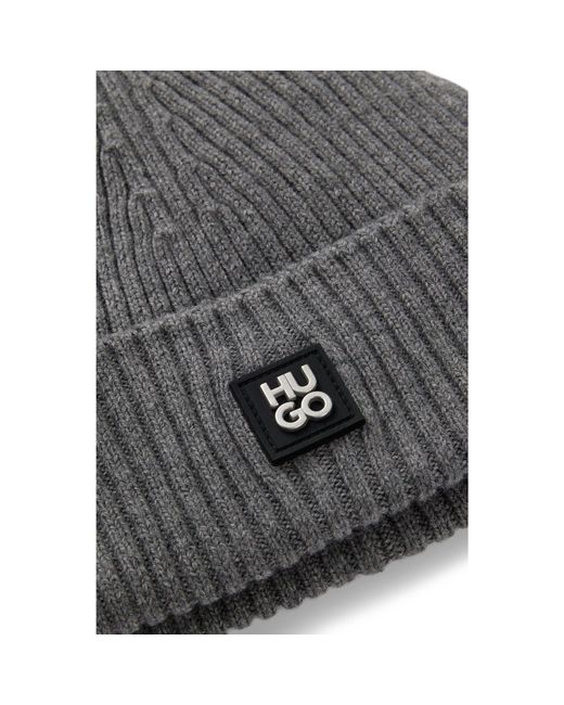HUGO Gray Virgin-Wool Beanie Hat With Stacked Logo for men