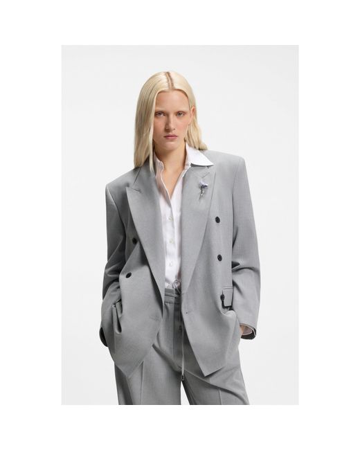 HUGO Gray Relaxed-Fit Blazer With Enamel Flower Brooch