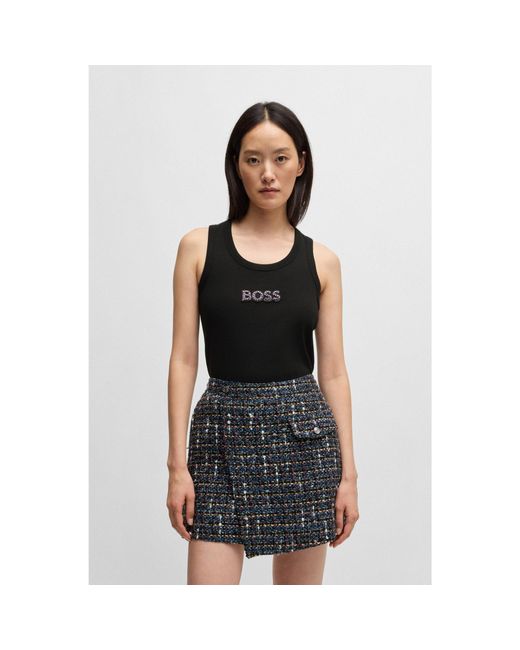 Boss Black Ribbed Stretch-Cotton Tank Top With Crystal Logo Badge