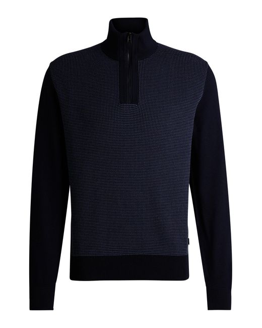 Boss Blue Virgin-wool Zip-neck Sweater With Mixed Structures for men