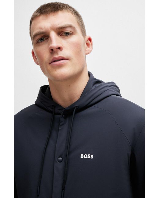 Boss Blue Hooded Relaxed-fit Overshirt With Logo Detail for men