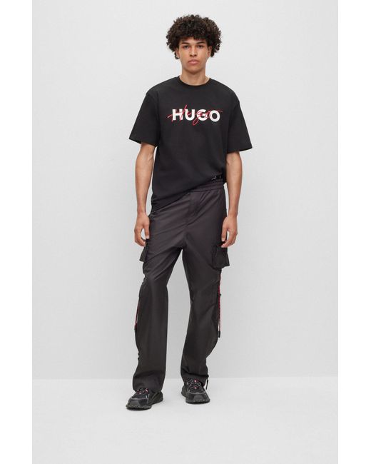 HUGO Cotton-jersey T-shirt With Double Logo Print in Black for Men