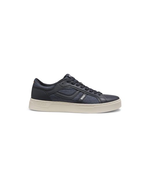 Boss Blue Faux-Leather Trainers With Denim-Look Trims for men