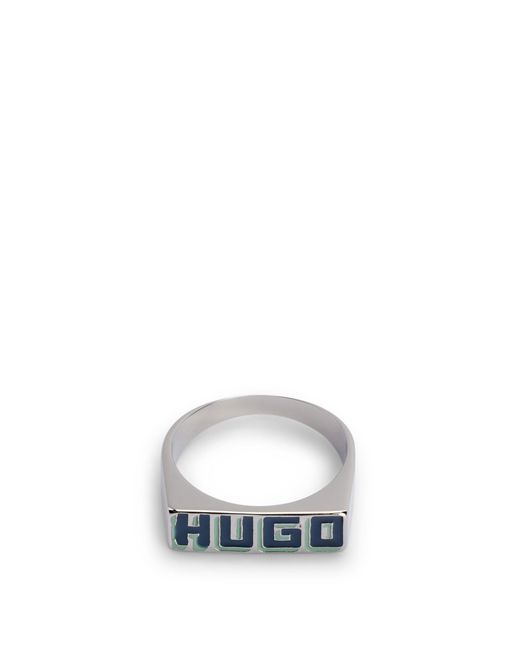 HUGO Blue Steel Ring With Seasonal Logo for men