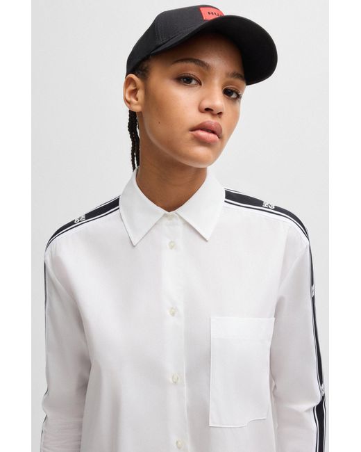 HUGO White Oversized-fit Blouse With Stacked-logo Tape Trims