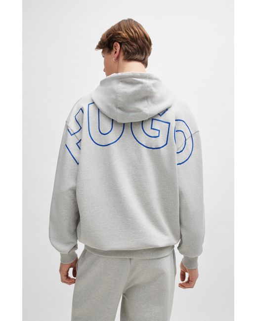 HUGO Gray Cotton-terry Hoodie With Outline Logos for men