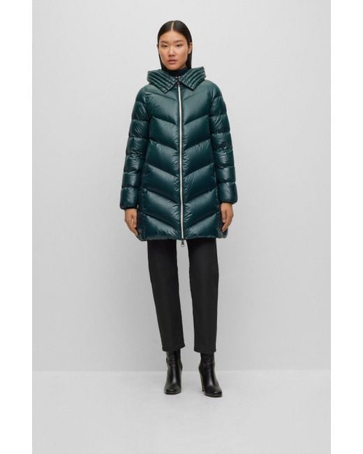Boss Blue Longline Quilted Down Jacket With Oversized Hood