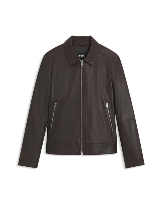 Boss Regular-Fit Leren Jas Met Ritssluiting in het Black voor heren
