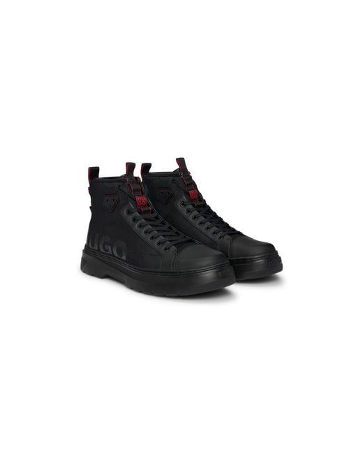 HUGO Black Lace-up Boots With Gloss-effect Logo for men