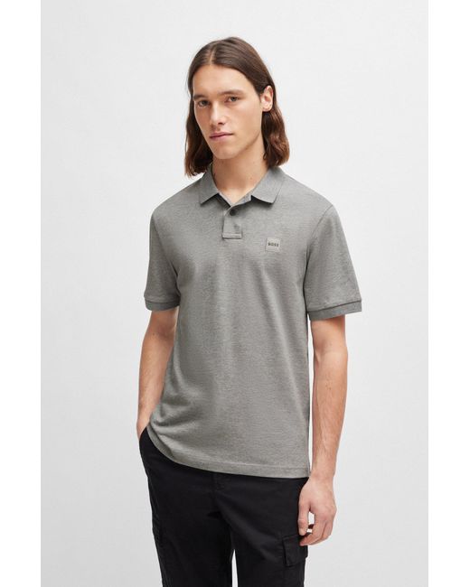 Boss Gray Stretch-cotton Slim-fit Polo Shirt With Logo Patch for men