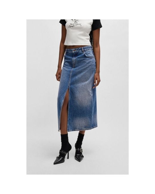 HUGO Blue Denim Midi Skirt With Front Slit