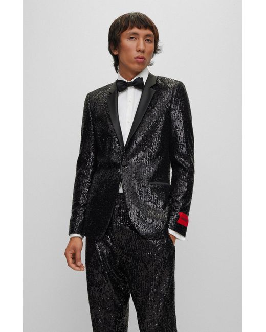 HUGO Black Sequined Tuxedo Jacket Slim Fit for men