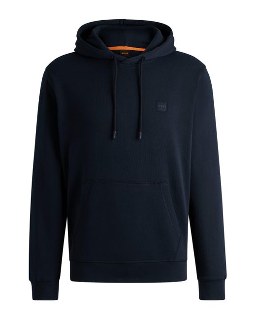 Boss Blue Cotton-terry Hoodie With Logo Patch for men