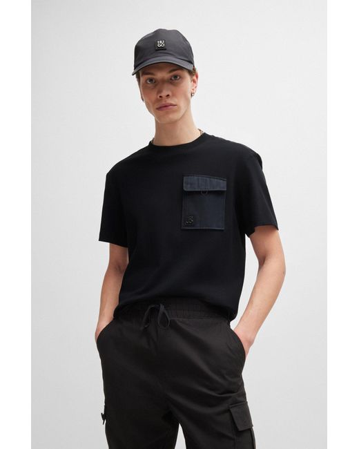 HUGO Black Interlock-cotton T-shirt With Animal-print Trims for men