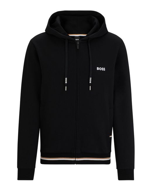 Boss Black Zip-up Hoodie With Stripes And Logos for men