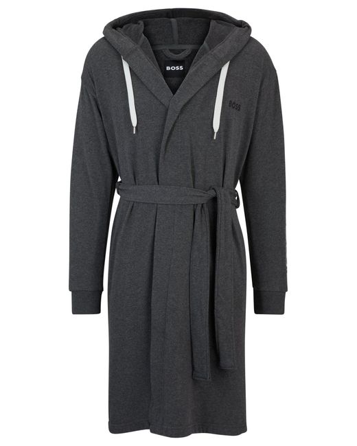 Boss Black Charcoal Hooded Dressing Gown With Logo-print Sleeves
