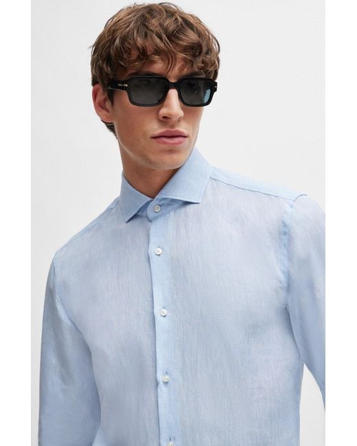 Boss Blue Slim-fit Shirt In Linen With Spread Collar for men