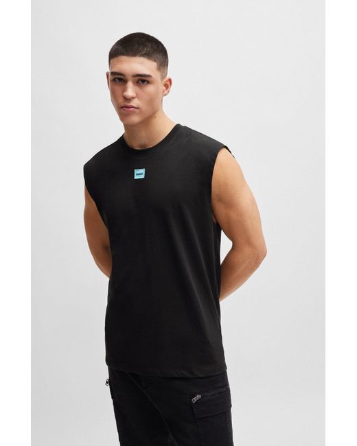 HUGO Black Sleeveless Cotton-jersey T-shirt With Logo Label for men