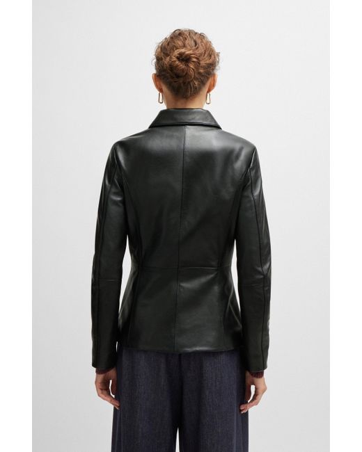 Boss Black Leather Jacket With Asymmetric Two-way Zip