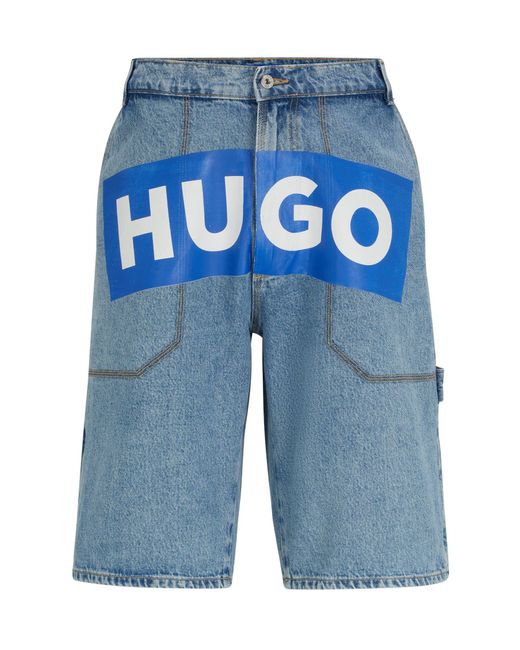 HUGO Blue Denim Shorts With Logo Print for men