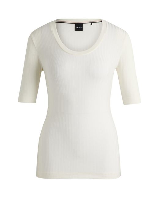Boss White Scoop-neck Top In Stretch Fabric