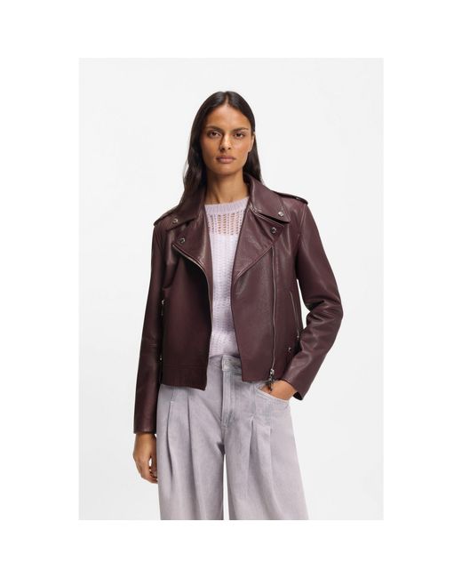 Boss Brown Grained-Leather Biker Jacket With Zips And Studs