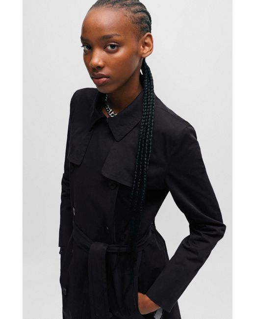 HUGO Black Belted Trench Coat In Stretch Cotton