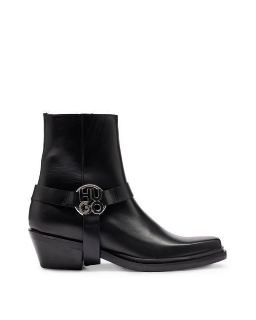 HUGO Black Ankle Boots In Leather With Metallic Stacked-logo Trim