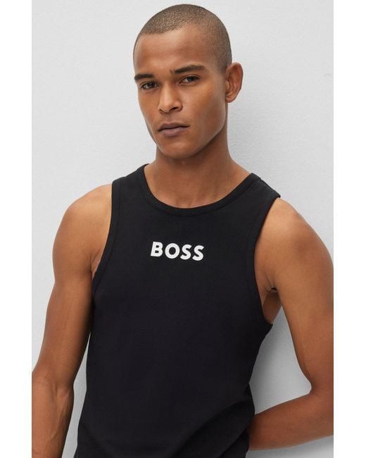 Boss Black Stretch-cotton Racer-back Tank Top With Contrast Logo for men