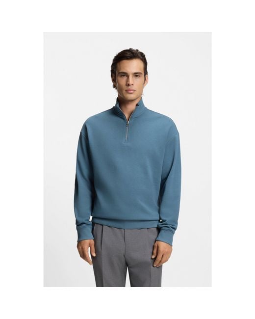 HUGO Blue Relaxed-Fit Cotton Sweatshirt With Zip Neck for men