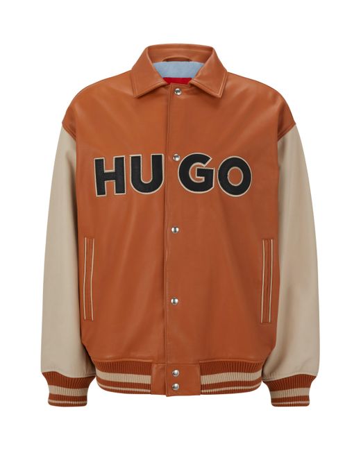 HUGO Luganos College-Jacke aus Leder im Colour-Block-Design mit Logo Orange L in Brown für Herren