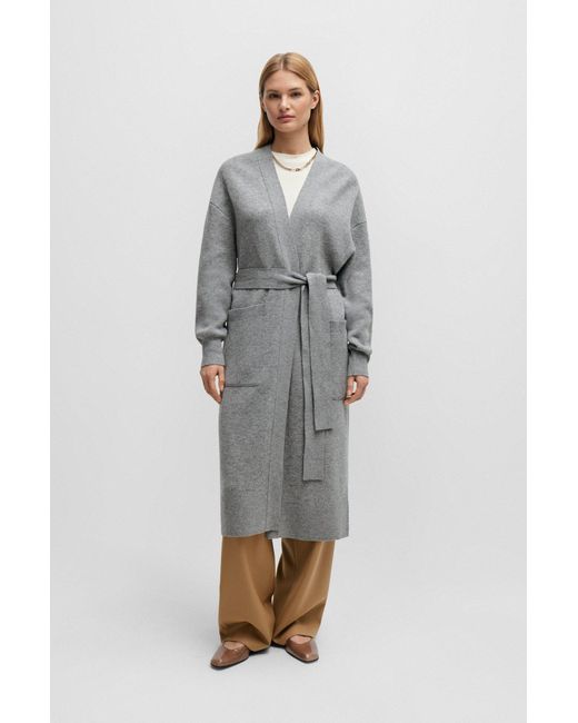 Boss Gray Belted Cardigan In Virgin Wool And Cashmere