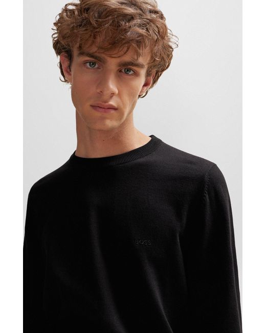 Boss Black Crew-neck Sweater In Cotton With Embroidered Logo for men