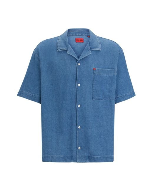 HUGO Oversized-fit Short-sleeved Shirt In Blue Cotton Denim for men