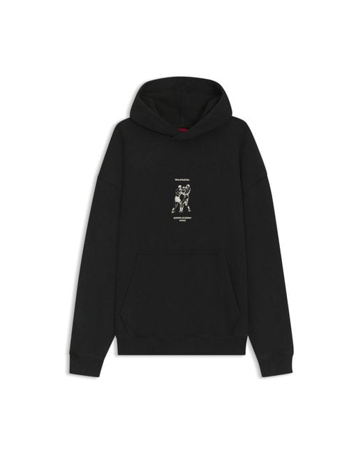 HUGO Black Cotton-Terry Hoodie With Boxing Artwork for men