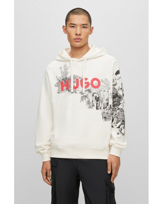HUGO White Cotton-terry Hoodie With Logo And Artwork for men