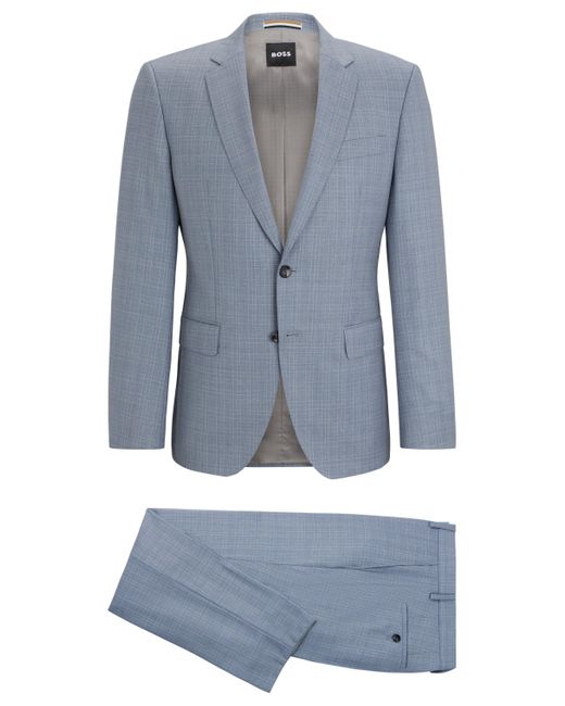 Boss Blue Slim-fit Suit In Checked Virgin-wool Serge for men