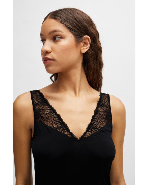 Boss Black Jersey Night Dress With Stretch-lace Trims