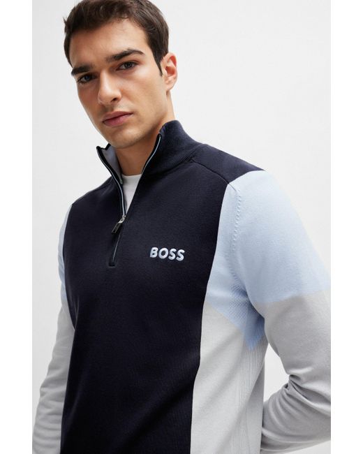 Pull en coton mélangé avec encolure zippée et logo brodé Boss pour homme en coloris Blue