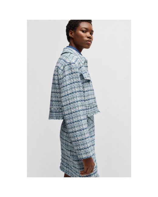 Boss Blue Cropped Tweed Jacket With Metallic Buttons
