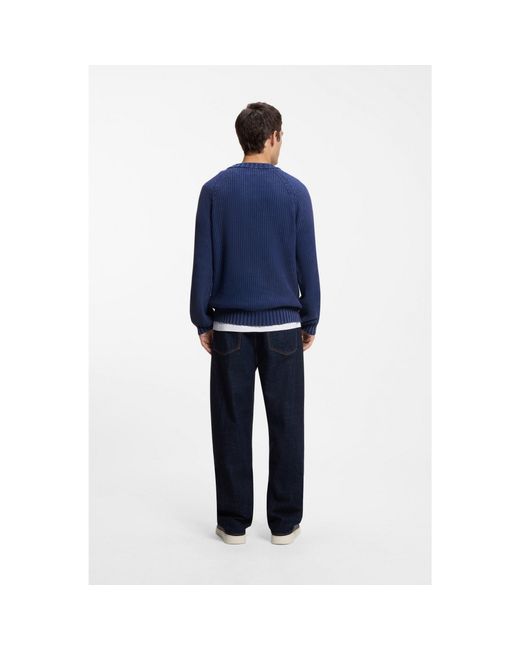 HUGO Blue Cotton Sweater With Ribbed Structure for men