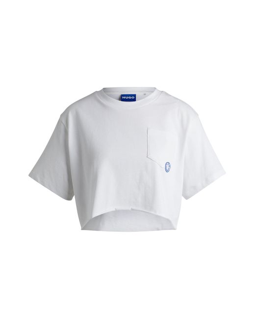 HUGO White Relaxed-fit Cropped T-shirt With Logo Badge