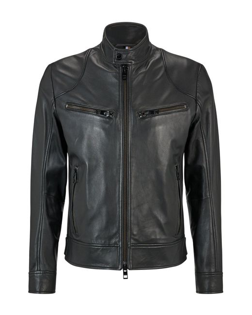 BOSS by Hugo Boss Black Leather Biker Jacket With Chunky Zips for men