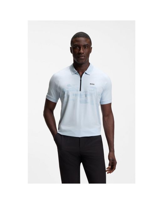 Boss Blue Cotton-Blend Zipped Polo Shirt With Reflective Graphics for men